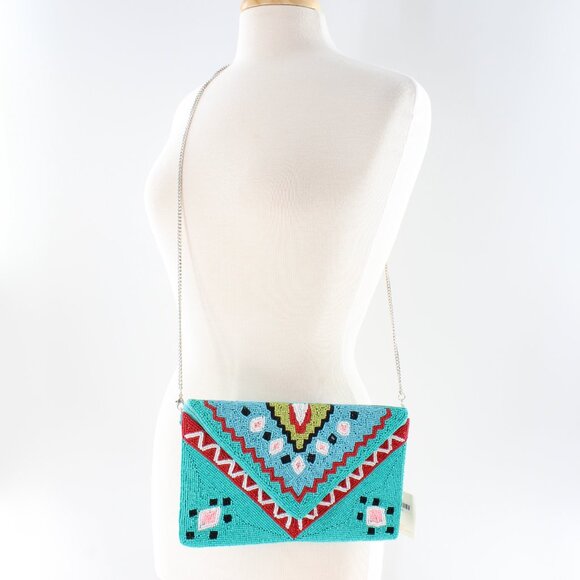 FREE EARRINGS - KAYLEE Turquoise Beaded Envelope Clutch Crossbody Bag NWT - Picture 2 of 7